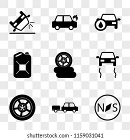 9 simple transparent vector icon pack, set of icons such as Car Compass, with Trailer, Wheel, Skidding Car, Three Wheels, Petrol Can, Oil, On Fire, Overturned