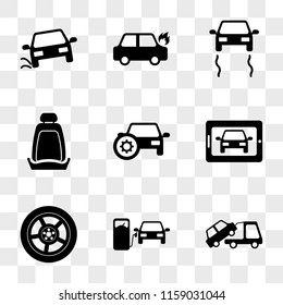 9 simple transparent vector icon pack, set of icons such as Towing a Car, Car at Gas Station, Wheel, on Tablet, Secure, seat, Skidding On Fire, Accident