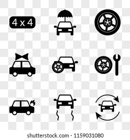 9 simple transparent vector icon pack, set of icons such as Refreshing Car, Skidding Car On Fire, Wheel and Wrench, with Spare Tire, Present Wheel, Umbrella Sport