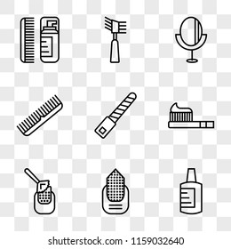 9 simple transparent vector icon pack, set of icons such as Nail polish, Manicure, Toothbrush, File, Comb, Mirror, Mascara, Lotion