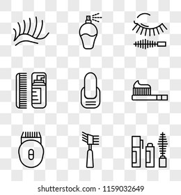 9 simple transparent vector icon pack, set of icons such as Mascara, Epilator, Toothbrush, Manicure, Lotion, Perfume, Eyelashes