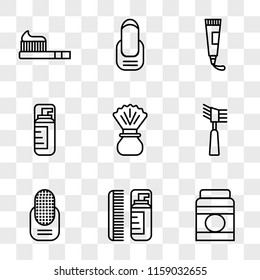 9 simple transparent vector icon pack, set of icons such as Lotion, Manicure, Mascara, Shaving, Cream, Toothpaste, Toothbrush
