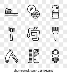 9 simple transparent vector icon pack, set of icons such as Powder, Lotion, Razor, Hair brush, Perfume, Mascara, Brush, Toothbrush
