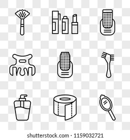 9 simple transparent vector icon pack, set of icons such as Hand mirror, Toilet paper, Soap, Hair brush, Manicure, clip, Lipstick, Powder