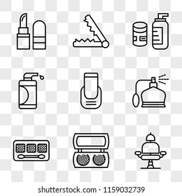 9 simple transparent vector icon pack, set of icons such as Barber chair, Makeup, Perfume, Manicure, Lotion, Cream, Hair straightener, Lipstick