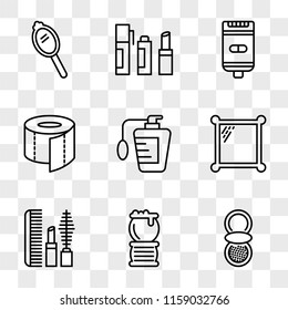 9 simple transparent vector icon pack, set of icons such as Powder, Brush, Makeup, Mirror, Perfume, Toilet paper, Shaver, Lipstick, Hand mirror