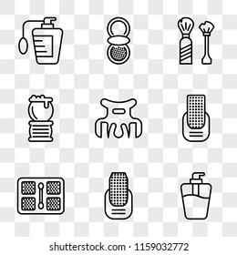 9 simple transparent vector icon pack, set of icons such as Soap, Manicure, Makeup, Hair clip, Brush, Shaving, Powder, Perfume