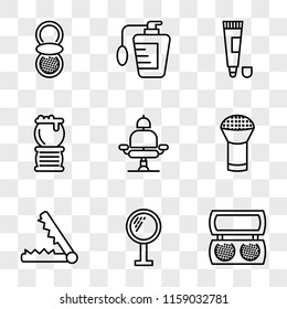 9 simple transparent vector icon pack, set of icons such as Makeup, Mirror, Hair straightener, Powder, Barber chair, Brush, Toothpaste, Perfume, Powder