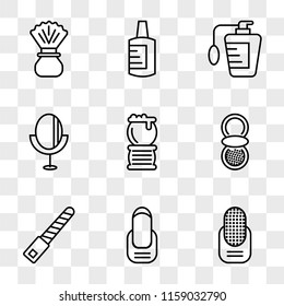 9 simple transparent vector icon pack, set of icons such as Manicure, File, Powder, Brush, Mirror, Perfume, Nail polish, Shaving