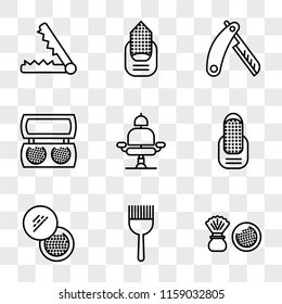 9 simple transparent vector icon pack, set of icons such as Powder, Hair brush, Manicure, Barber chair, Makeup, Razor, straightener
