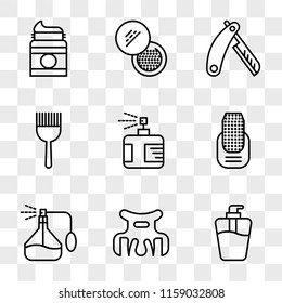 9 simple transparent vector icon pack, set of icons such as Soap, Hair clip, Perfume, Manicure, brush, Razor, Powder, Lotion