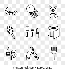 9 simple transparent vector icon pack, set of icons such as Hair brush, Razor, Lipstick, Toilet paper, Hand mirror, Scissors, Powder, Mascara