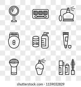 9 simple transparent vector icon pack, set of icons such as Mascara, Perfume, Powder, Toothpaste, Cream, Epilator, Makeup, Mirror