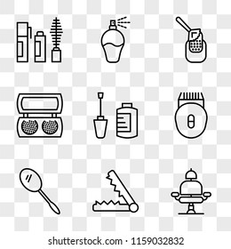 9 simple transparent vector icon pack, set of icons such as Barber chair, Hair straightener, Hand mirror, Epilator, Nail polish, Makeup, Manicure, Perfume, Mascara