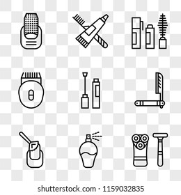 9 simple transparent vector icon pack, set of icons such as Shaving, Perfume, Manicure, Razor, Nail polish, Epilator, Mascara, Toothpaste, Manicure