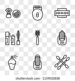 9 simple transparent vector icon pack, set of icons such as Earbuds, Manicure, Perfume, Hair brush, Mascara, Razor, Epilator, Powder