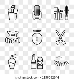 9 simple transparent vector icon pack, set of icons such as Mascara, Lipstick, Perfume, Scissors, Epilator, Hair clip, Manicure, Soap