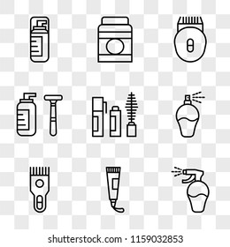 9 simple transparent vector icon pack, set of icons such as Lotion, Toothpaste, Shaver, Perfume, Mascara, Shaving, Epilator, Cream