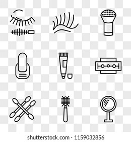 9 simple transparent vector icon pack, set of icons such as Mirror, Hair brush, Earbuds, Razor, Toothpaste, Manicure, Powder, Eyelashes, Mascara