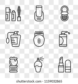 9 simple transparent vector icon pack, set of icons such as Lipstick, Perfume, Brush, Lotion, Epilator, Powder, Manicure, Mascara