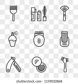 9 simple transparent vector icon pack, set of icons such as Hair brush, Powder, Razor, Manicure, Epilator, Perfume, Mascara, brush