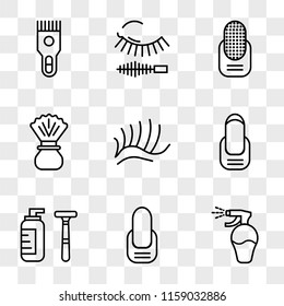 9 simple transparent vector icon pack, set of icons such as Lotion, Manicure, Shaving, Eyelashes, Mascara, Shaver