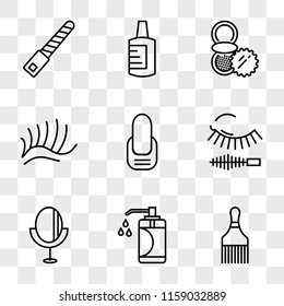9 simple transparent vector icon pack, set of icons such as Hair brush, Soap, Mirror, Mascara, Manicure, Eyelashes, Powder, Nail polish, File