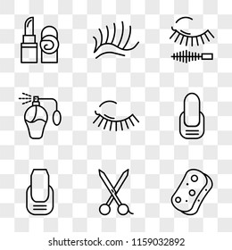 9 simple transparent vector icon pack, set of icons such as Sponge, Scissors, Manicure, Mascara, Perfume, Eyelashes, Lipstick