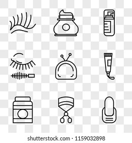 9 simple transparent vector icon pack, set of icons such as Manicure, Eyelashes curler, Lotion, Toothpaste, Makeup, Mascara, Cream, 