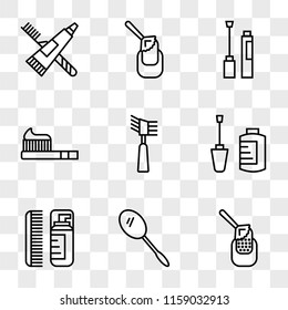 9 simple transparent vector icon pack, set of icons such as Manicure, Hand mirror, Lotion, Nail polish, Mascara, Toothbrush, Toothpaste