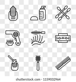 9 simple transparent vector icon pack, set of icons such as Comb, Hair brush, Manicure, Razor, Eyelashes, Hairdryer, Earbuds, Lotion, Manicure