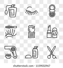 9 simple transparent vector icon pack, set of icons such as Scissors, Lotion, Hairdryer, Lipstick, Brush, Eyelashes, Powder, Mascara, Perfume