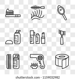 9 simple transparent vector icon pack, set of icons such as Toilet paper, Hairdryer, Lotion, Mascara, Lipstick, Hand mirror, Eyelashes, Toothbrush