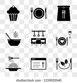 9 simple transparent vector icon pack, set of icons such as Vegetarian food, Browser, Pasta, Dinner, Bar, Soup, Take away, Dish, Cupcake