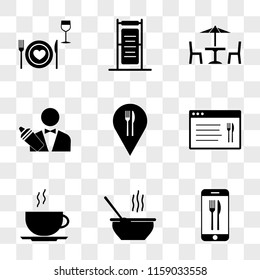 9 simple transparent vector icon pack, set of icons such as Smartphone, Soup, Coffee, Browser, Placeholder, Barman, Terrace, Daily specials board, Dinner