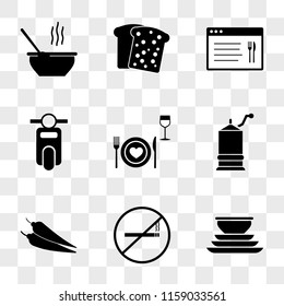 9 simple transparent vector icon pack, set of icons such as Dishes, No smoking, Spicy food, Mill, Dinner, Scooter, Browser, Toast, Soup