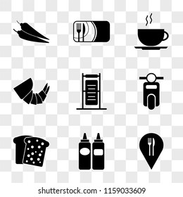 9 simple transparent vector icon pack, set of icons such as Placeholder, Sausages, Toast, Scooter, Daily specials board, Shrimp, Coffee, Restaurant card, Spicy food