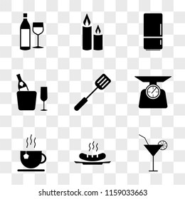 9 simple transparent vector icon pack, set of icons such as Cocktail, Sausages, Tea, Libra, Spatula, Champagne, Refrigerator, Candles, Wine