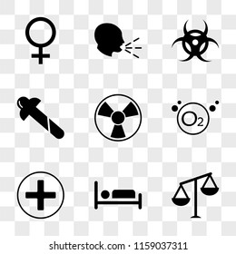 9 simple transparent vector icon pack, set of icons such as Scale balanced tool, Illness on bed, Hospital medical, Oxygen, Toxic, Dosage medical Biohazard, Unhealthy condition, Female