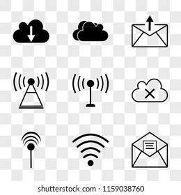 9 simple transparent vector icon pack, set of icons such as Mail open, Wifi full, Antenna with, Cloud remove, download, Clouds storm, download