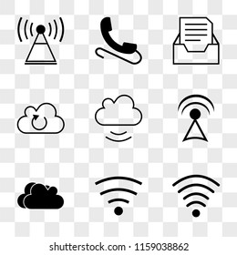 9 simple transparent vector icon pack, set of icons such as Wifi full, medium, Clouds storm, Mail inbox full interface, Cloud, in tray, Phone, 