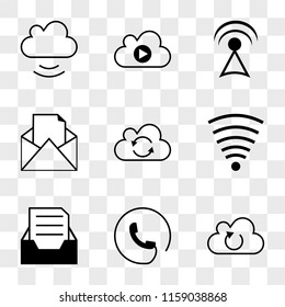 9 simple transparent vector icon pack, set of icons such as Cloud, Phone, Inbox with mail, Wifi full, Cloud reload, Mail envelope back a paper sheet inside, video play, inbox full interface