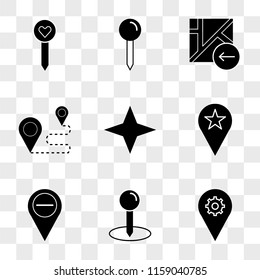 9 simple transparent vector icon pack, set of icons such as Placeholder, Pin, Compass, Route, Map, Pin