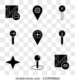 9 simple transparent vector icon pack, set of icons such as Map, Pin, Compass, Placeholder, Map