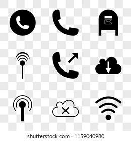 9 simple transparent vector icon pack, set of icons such as Wifi medium strength, Cloud remove, Antenna with, download, Phone out, Mailbox, call auricular, 