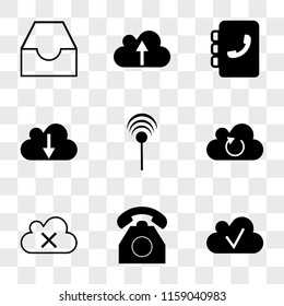 9 simple transparent vector icon pack, set of icons such as Cloud with check, Telephone vintage de, remove, refresh, Antenna with, download, Phone book, upload, Mail inbox empty