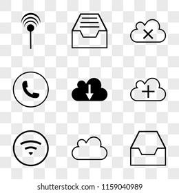 9 simple transparent vector icon pack, set of icons such as Inbox mail empty tray, Cloud, Wifi, Cloud with plus, download, Auricular phone, remove, menu, Antenna