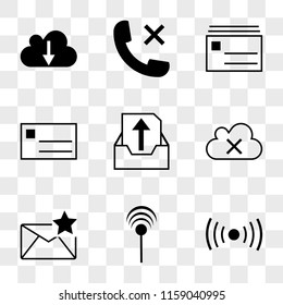 9 simple transparent vector icon pack, set of icons such as Antenna with, Mail favourite, Cloud remove, Sent mail, envelope front, mail frontal with post, Phone auricular a cross, download