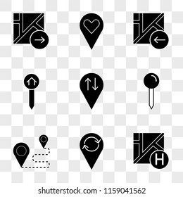 9 simple transparent vector icon pack, set of icons such as Map, Placeholder, Route, Pin, Map