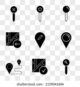 9 simple transparent vector icon pack, set of icons such as Pin, Map, Route, Placeholder, Pin